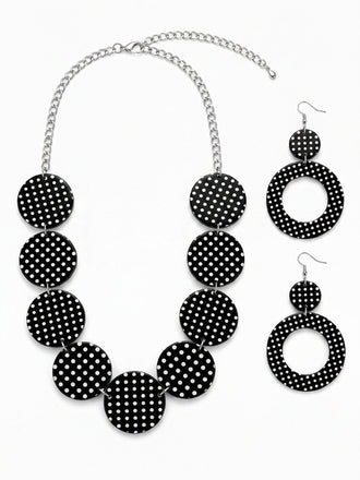 Schwarzes Vintage Halsketten- & Ohrring-Set mit Polka-Dots