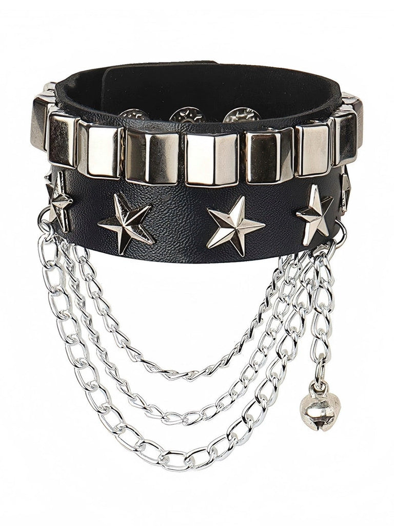 Schwarzes Lederarmband mit Stern und mehrreihiger Kette