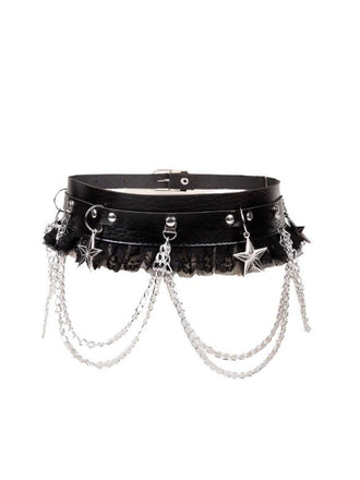 Schwarzer Gothic-Taillengürtel mit Spitzenrüschen und Sternkette
