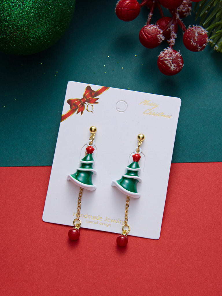 Grüne Weihnachtsbaum-Ohrhänger mit roten Perlen