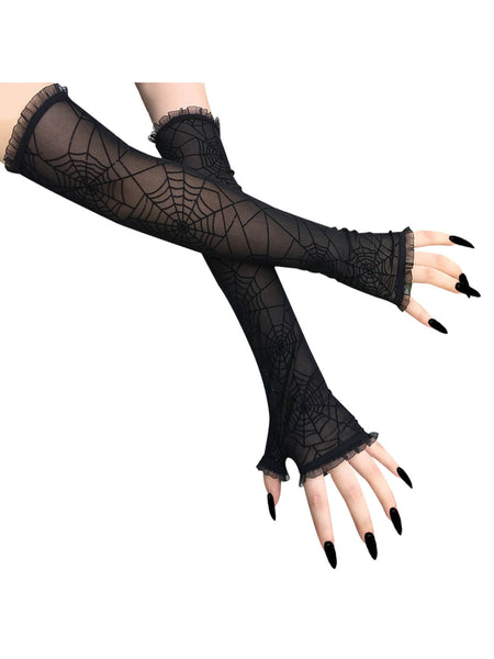 Dzrige Damen Spinnennetz-Handschuhe – Durchsichtig, Fingerlos, Mit Pailletten, 40 Cm – Für Halloween & Cosplay