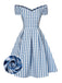 Blau 1950er Plaid Schuterfrei V-Ausschnitt Swing Kleid