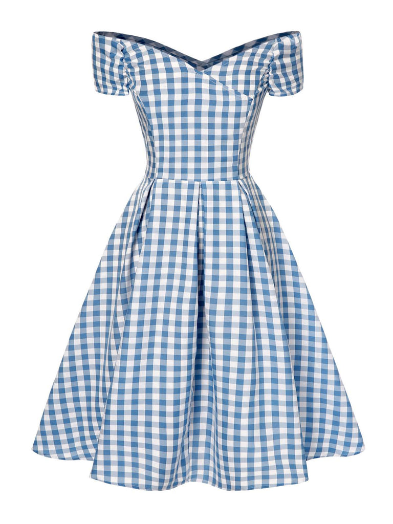 Blau 1950er Plaid Schuterfrei V-Ausschnitt Swing Kleid