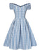 Blau 1950er Plaid Schuterfrei V-Ausschnitt Swing Kleid