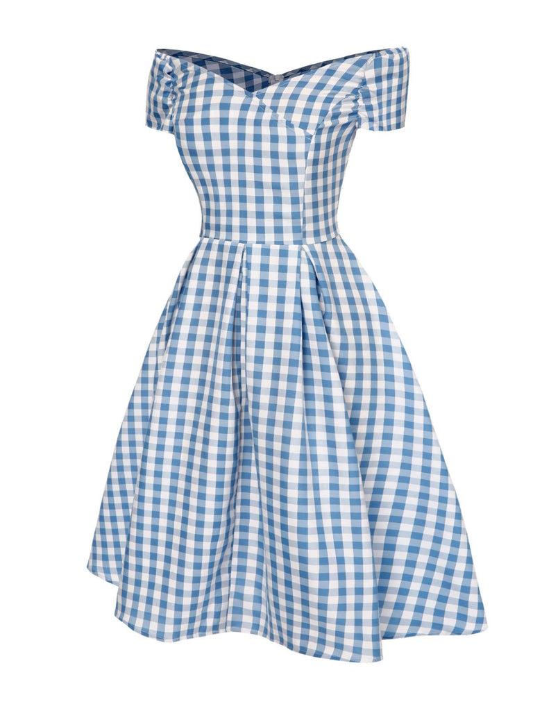 Blau 1950er Plaid Schuterfrei V-Ausschnitt Swing Kleid