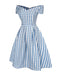 Blau 1950er Plaid Schuterfrei V-Ausschnitt Swing Kleid