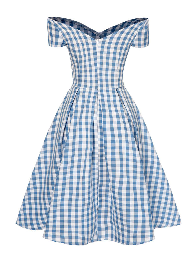 Blau 1950er Plaid Schuterfrei V-Ausschnitt Swing Kleid