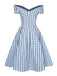 Blau 1950er Plaid Schuterfrei V-Ausschnitt Swing Kleid