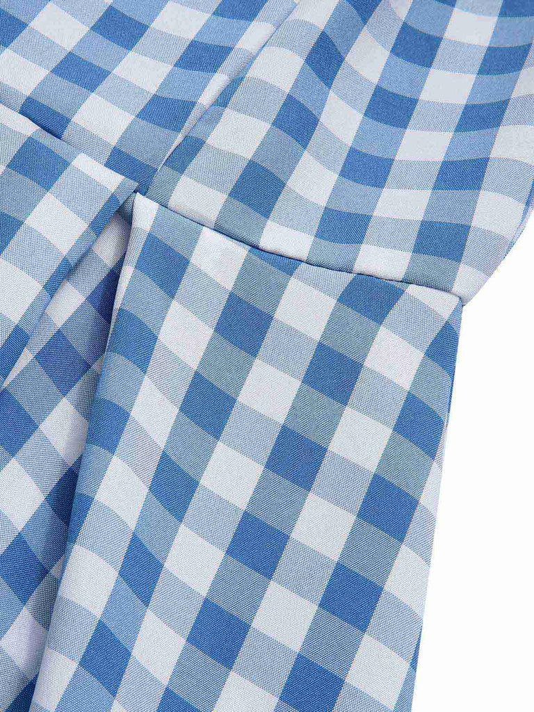 Blau 1950er Plaid Schuterfrei V-Ausschnitt Swing Kleid