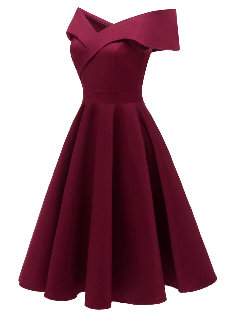 Schwarz 1950er Schulterfrei V-Ausschnitt Solide Swing Kleid