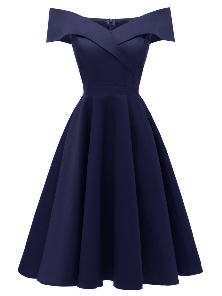 Schwarz 1950er Schulterfrei V-Ausschnitt Solide Swing Kleid