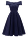 Schwarz 1950er Schulterfrei V-Ausschnitt Solide Swing Kleid
