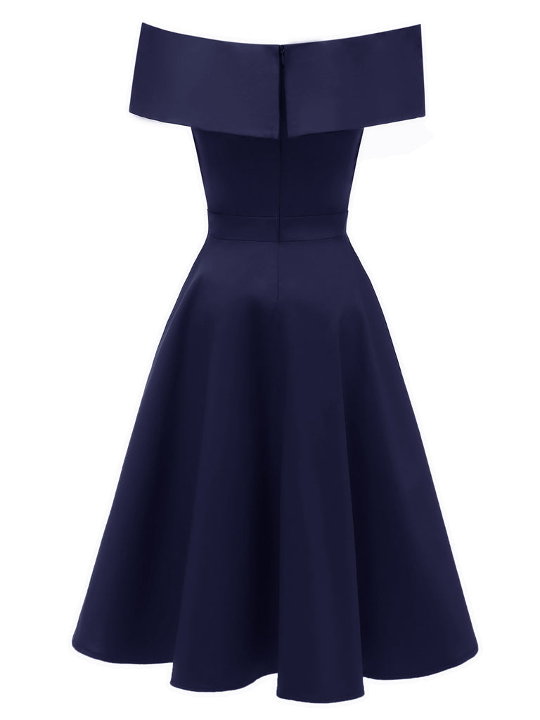Schwarz 1950er Schulterfrei V-Ausschnitt Solide Swing Kleid