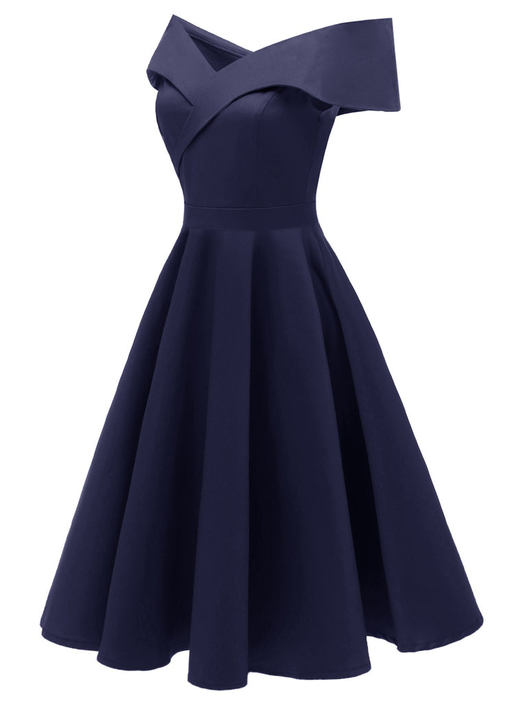 Schwarz 1950er Schulterfrei V-Ausschnitt Solide Swing Kleid
