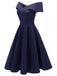 Schwarz 1950er Schulterfrei V-Ausschnitt Solide Swing Kleid