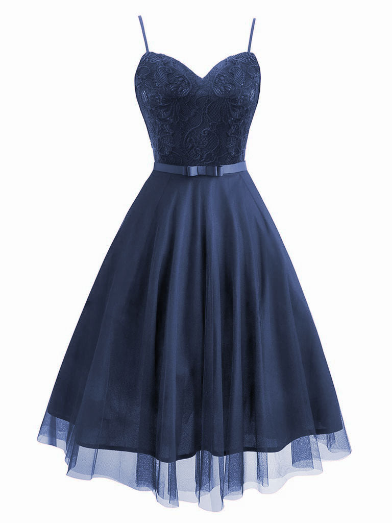 Blau 1950er Spaghettiträger Spitze Swing Kleid