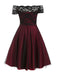 1950er Spitze Schulterfrei Blumen Swing Kleid