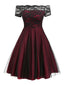 1950er Spitze Schulterfrei Blumen Swing Kleid