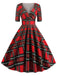 Blau 1950er Vintage Plaid V-Ausschnitt Swing Kleid