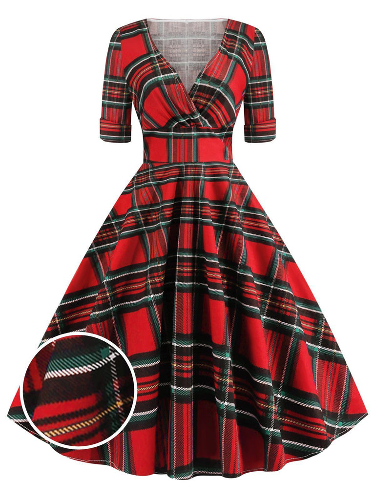 Blau 1950er Vintage Plaid V-Ausschnitt Swing Kleid