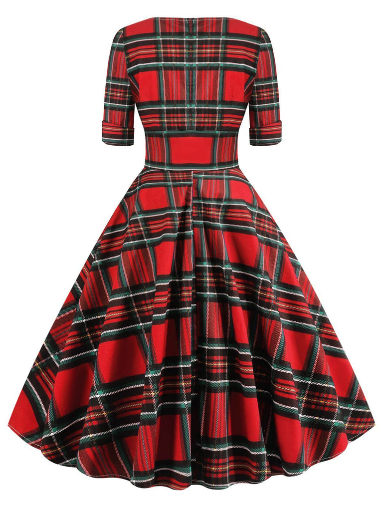 Blau 1950er Vintage Plaid V-Ausschnitt Swing Kleid