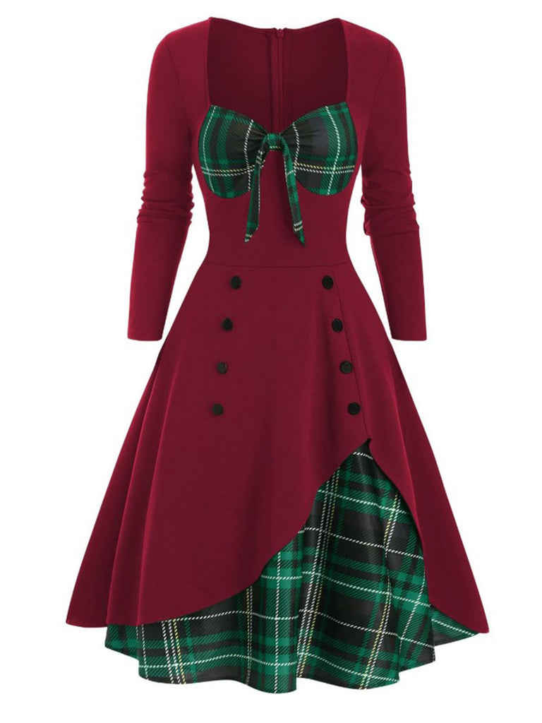 Rot 1950er Sweetheart Plaid Patchwork Kleid