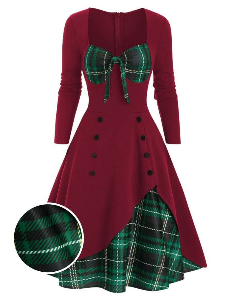 1950ER LANGE ÄRMEL PATCHWORK PLAID KLEID