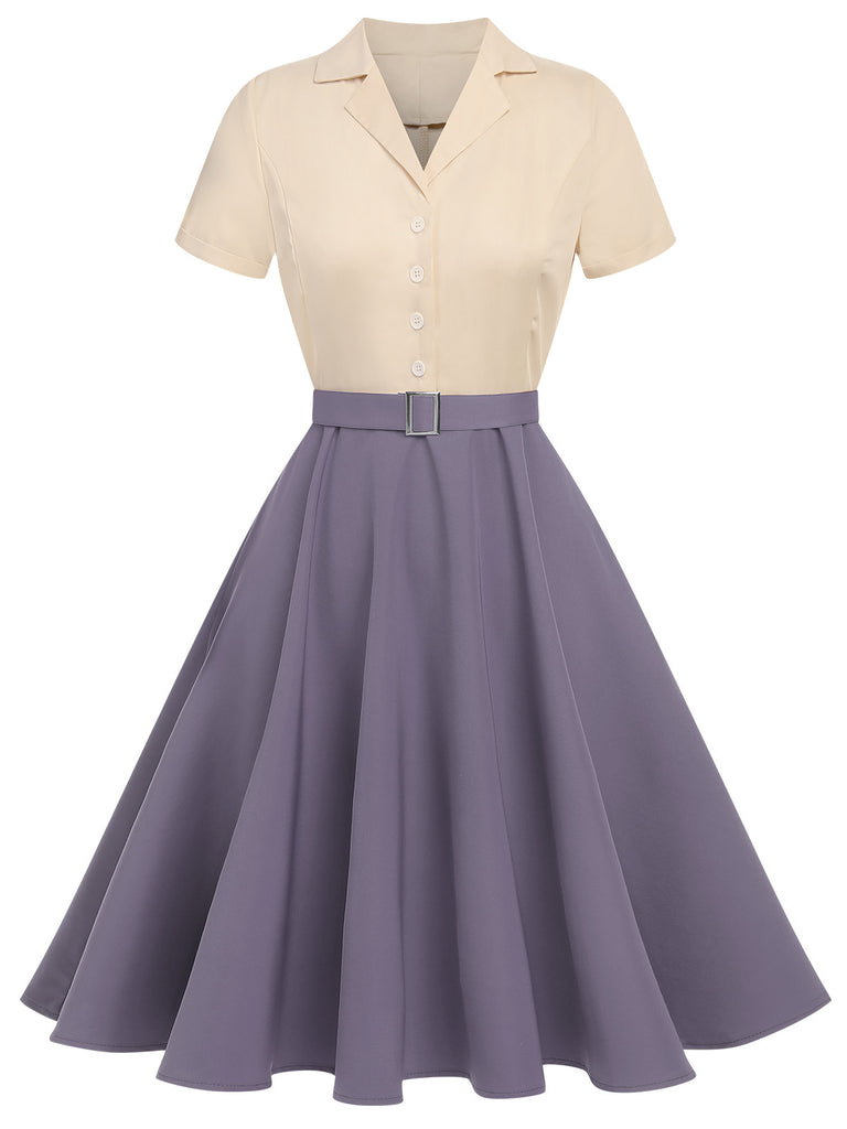 [Vorverkauf] Lila 1950er Patchwork V-Ausschnitt Kurzarm Swing Kleid