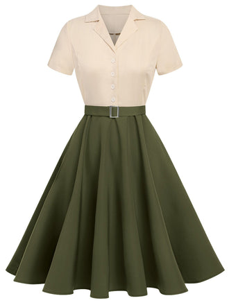 Khaki & Grün 1950er Patchwork V-Ausschnitt Kurzarm Swing Kleid