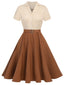 Khaki 1950er Patchwork V-Ausschnitt Kurzarm Swing Kleid