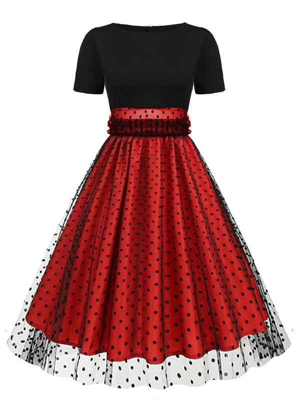 [Vorverkauf] Rot 1950er Patchwork Kurzarm Dots Swing Kleid