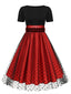 Rot 1950er Patchwork Kurzarm Dots Swing Kleid