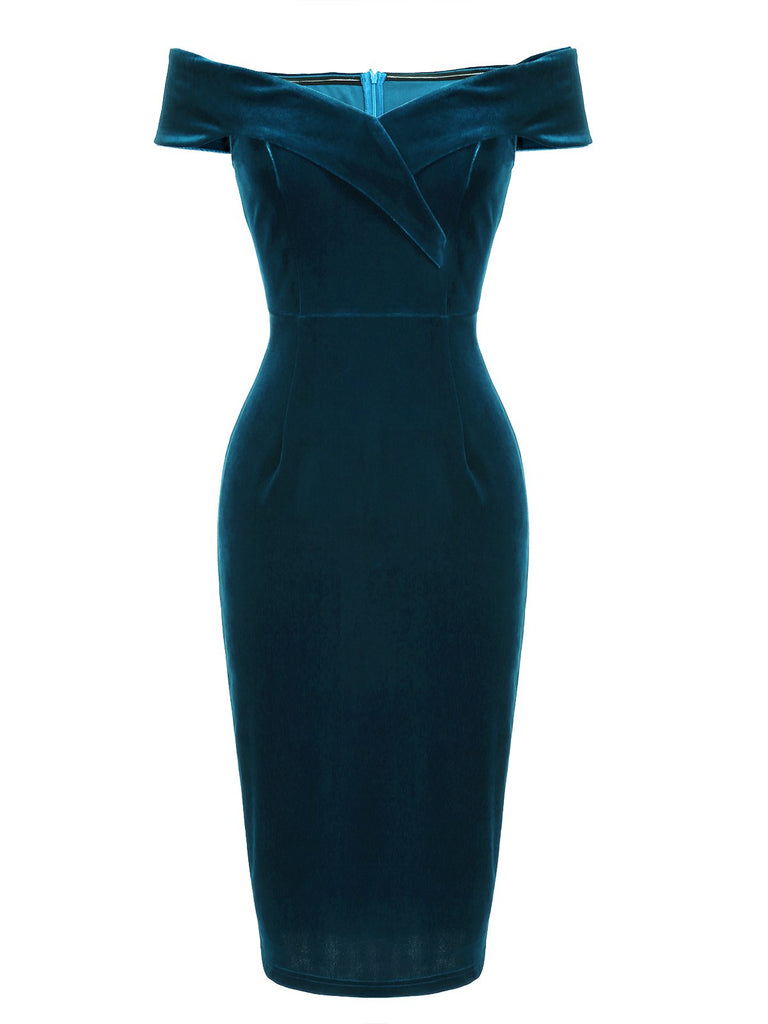 [Vorverkauf] Blau 1960er Schulterfrei Pencil Kleid