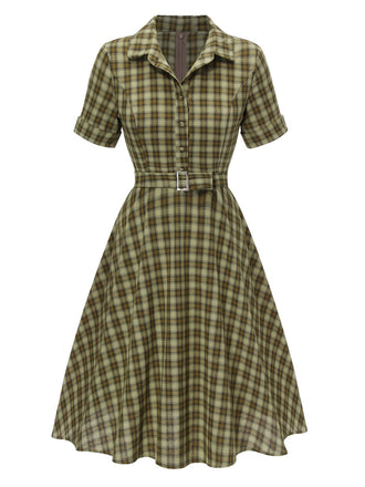 Olivgrün 1950er Plaid Knöpfen Gürtel Kleid