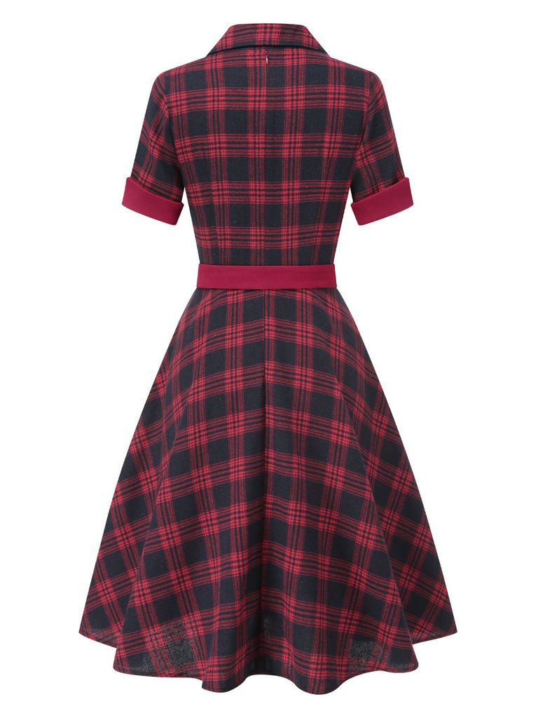 [Vorverkauf] Rot 1950er Plaid Knöpfen Gürtel Kleid