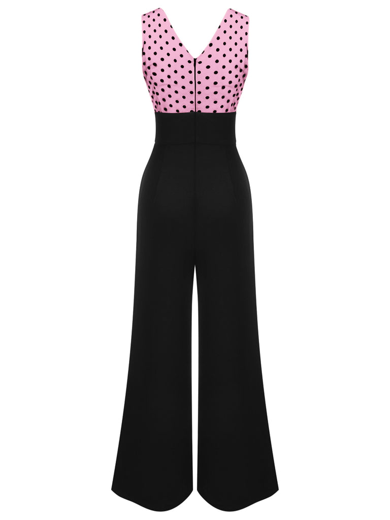 [Vorverkauf] Rosa 1930er Polka Dots Patchwork Jumpsuit