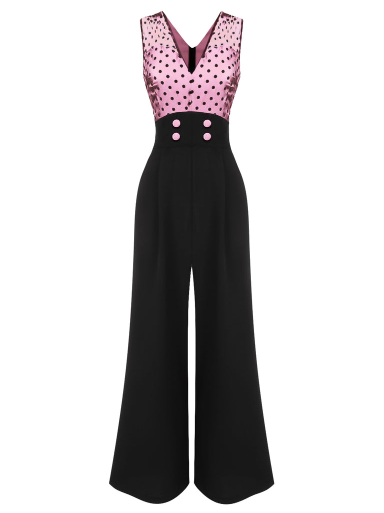 [Vorverkauf] Rosa 1930er Polka Dots Patchwork Jumpsuit