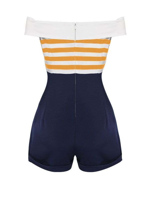 [Vorverkauf] Marineblau 1950er Patchwork Schulterfrei Gestreift Romper