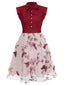 Weinrot 1950er Schmetterling Patchwork Kleid