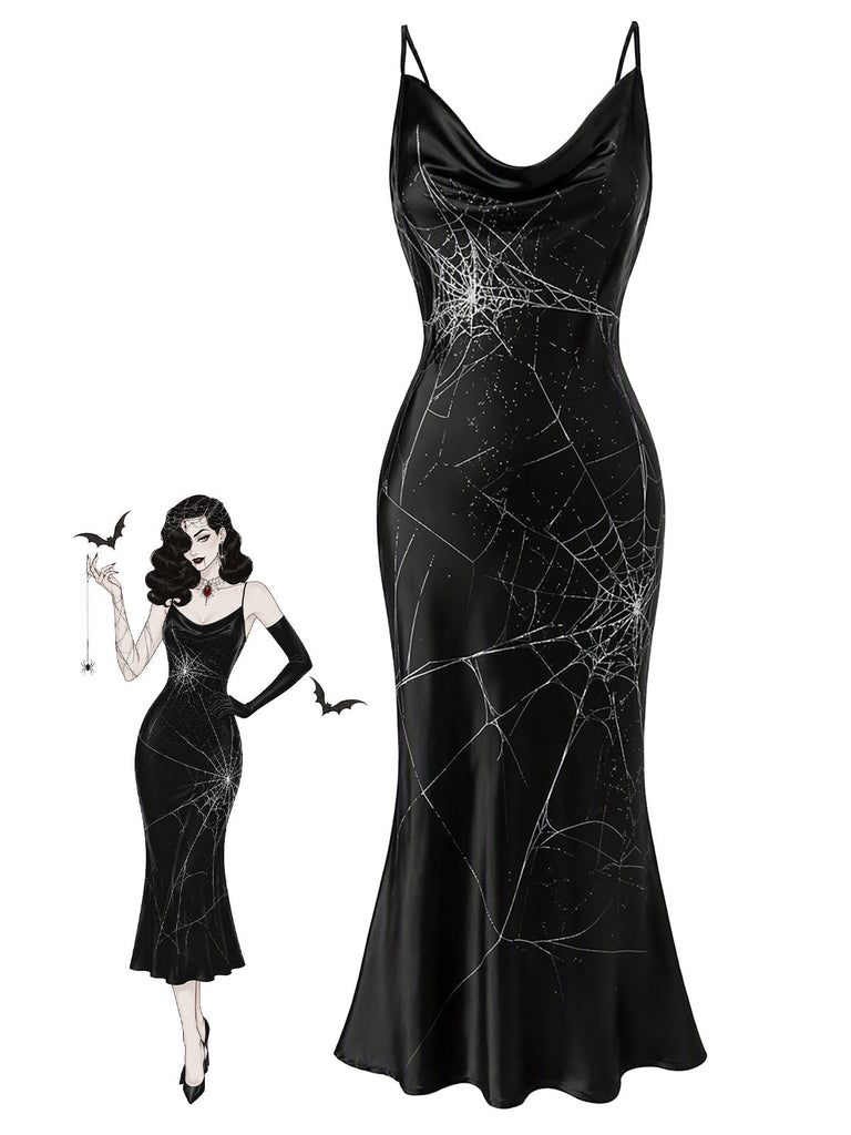 30er Satin-Maxikleid mit Spinnennetz und Wasserfallausschnitt