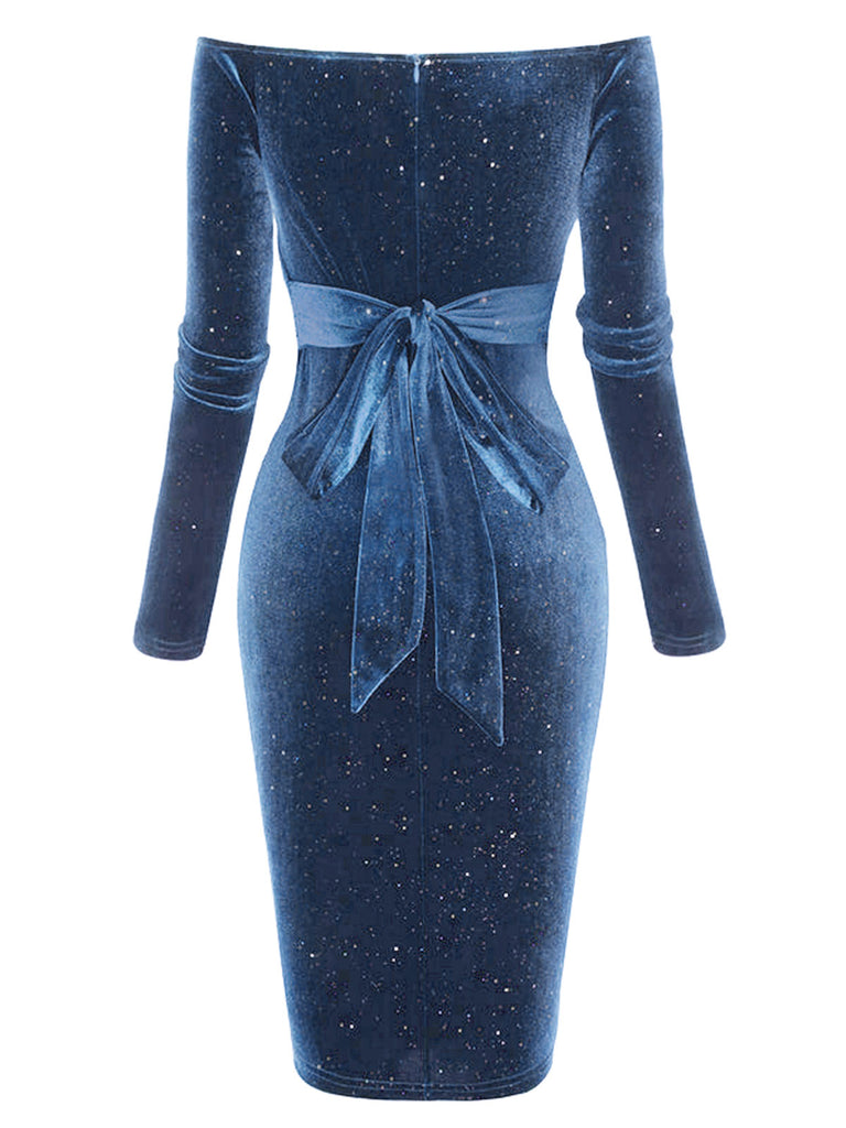 Blau 1960er Solide Schulterfrei Samt Bleistiftkleid