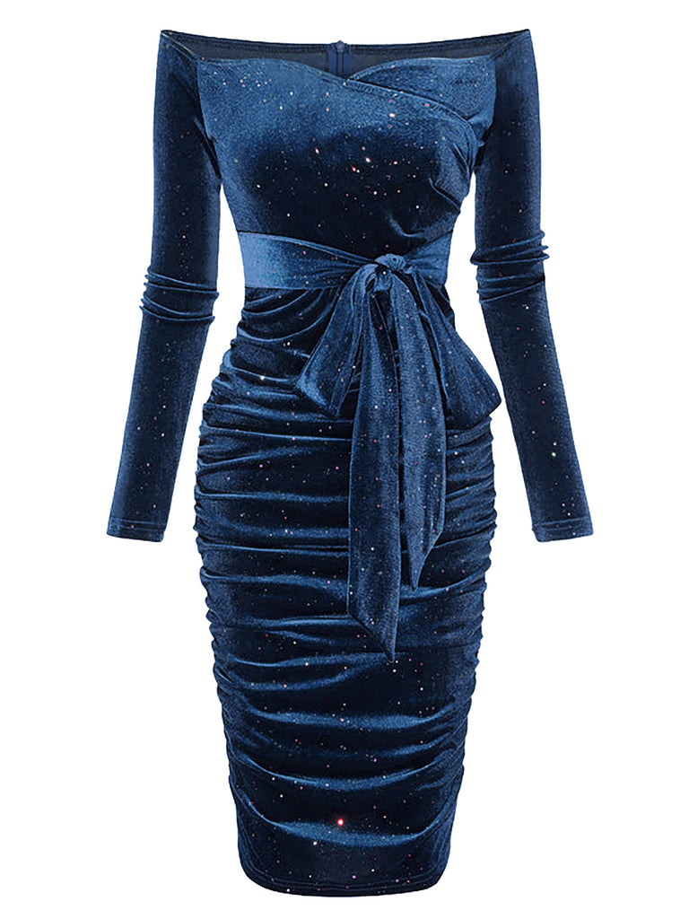 [Vorverkauf] Blau 1960er Solide Schulterfrei Samt Bleistiftkleid