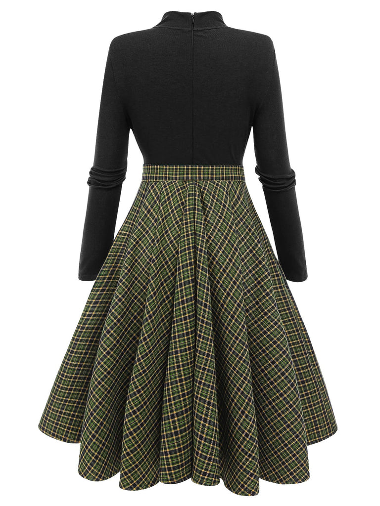 Schwarz 1950er Plaid Patchwork Strickkleid