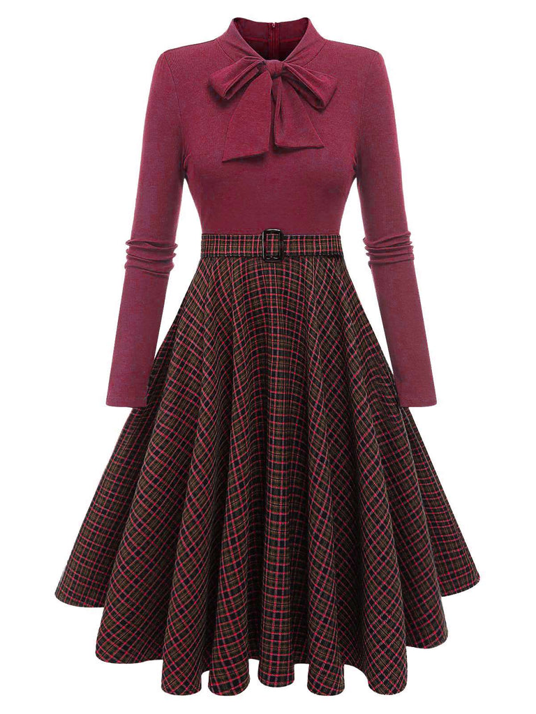 Schwarz 1950er Plaid Patchwork Strickkleid