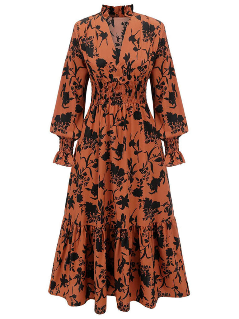 Orangefarbenes geblümtes Kleid mit V-Ausschnitt und hoher Taille 1950er
