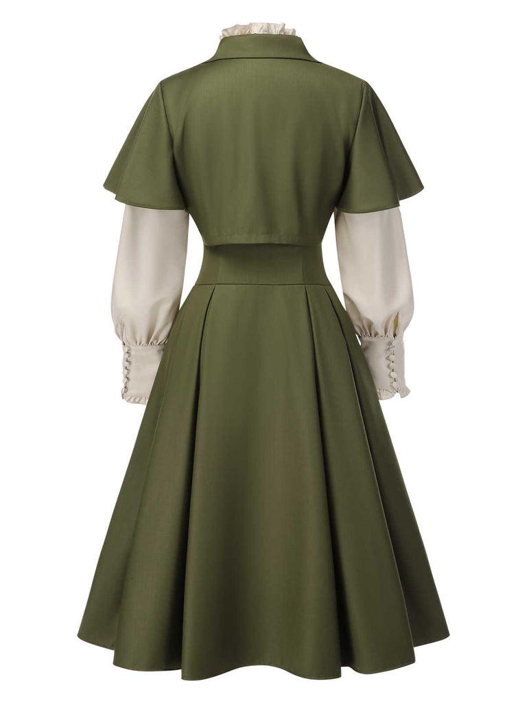 2PCS Grün 1950er Viktorianisch Bogen Tie Kleid & Kurzes Cape