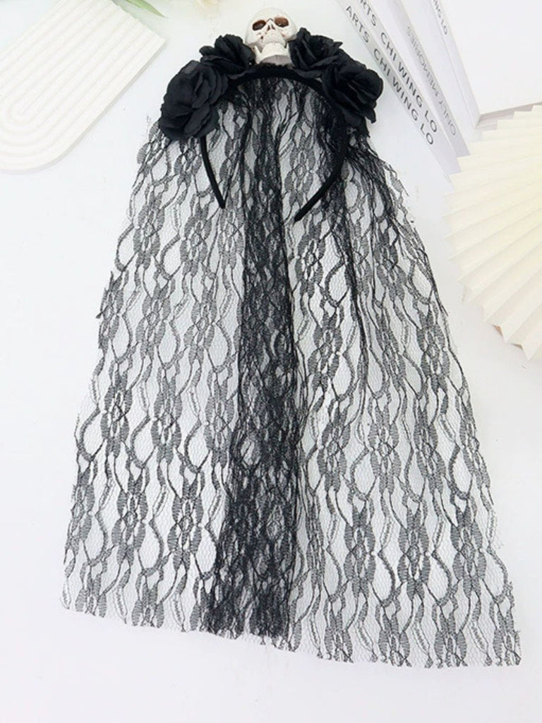 Vintage 3D Schädel Rosen Spitze Schleier Stirnband