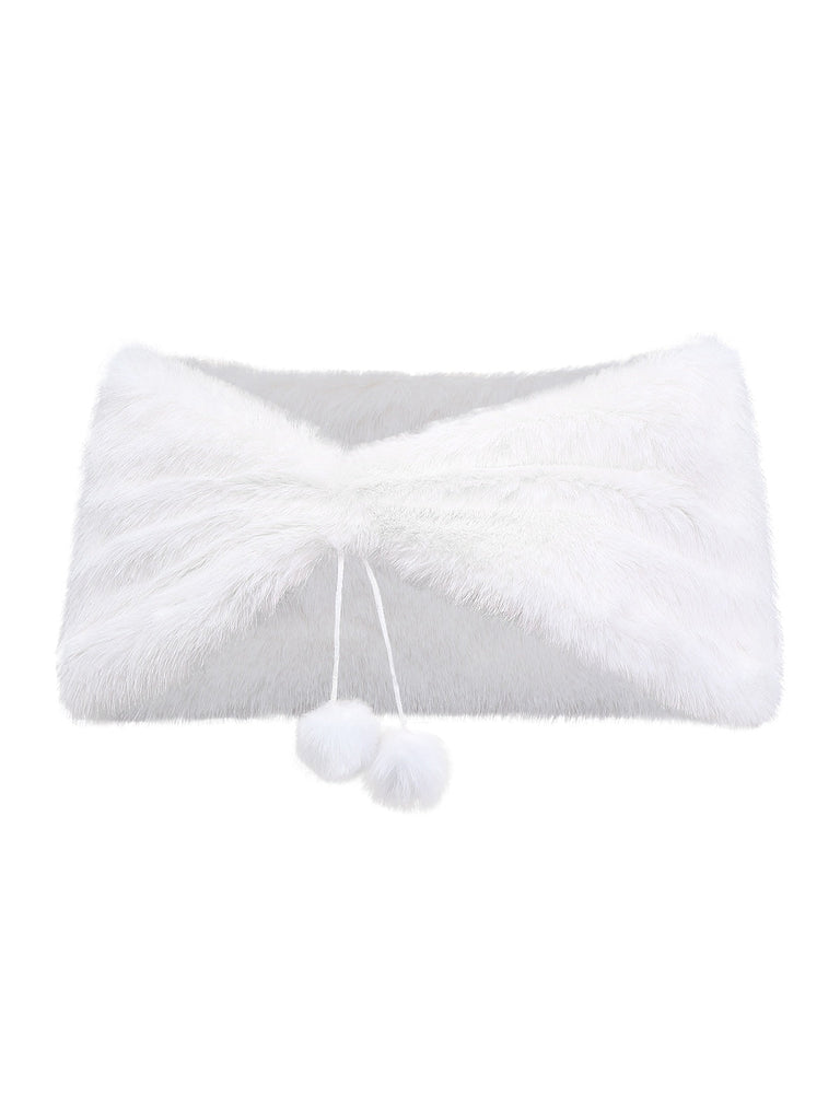 Weiß 1970er Solide Kunstpelz Pompon Binden Schal