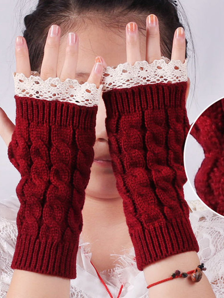 Vintage Spitze Patchwork Verdreht Stricken Fingerlos Handschuhe