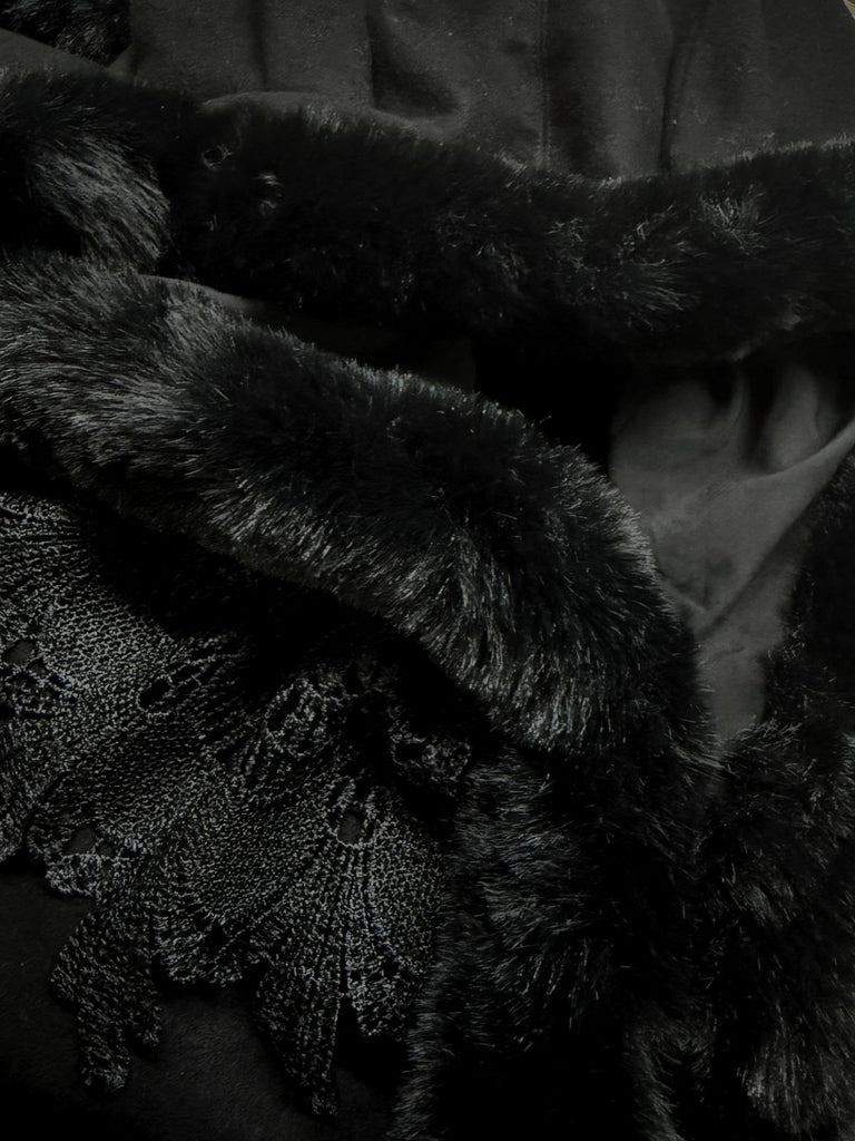 1960er Schwarz Katze Spitze Plüschbesatz Kapuzenumhang